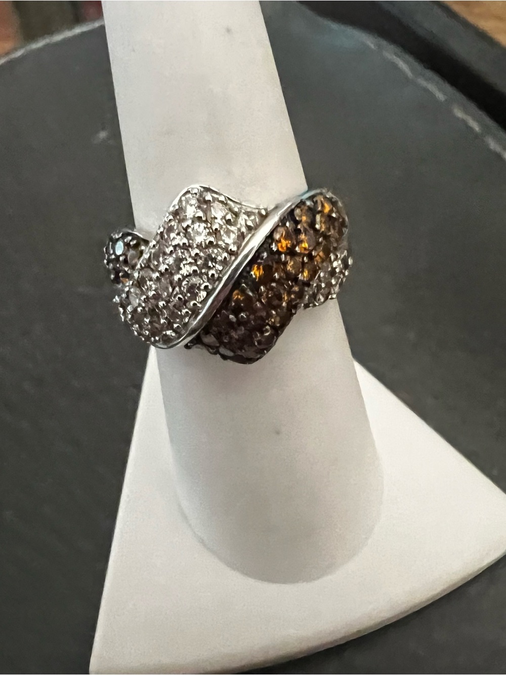 Silvertone Two-Tone Pave Wave Ring - Silver and Brown